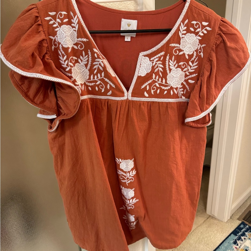 Burnt Orange Flutter Sleeve Ruffled Blouse